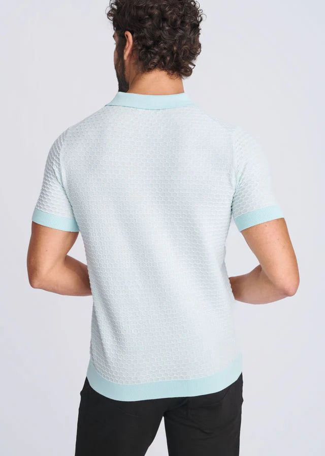 Mint/Milk White Honeycomb Textured Cotton 3-Button Knit Polo PM-16330