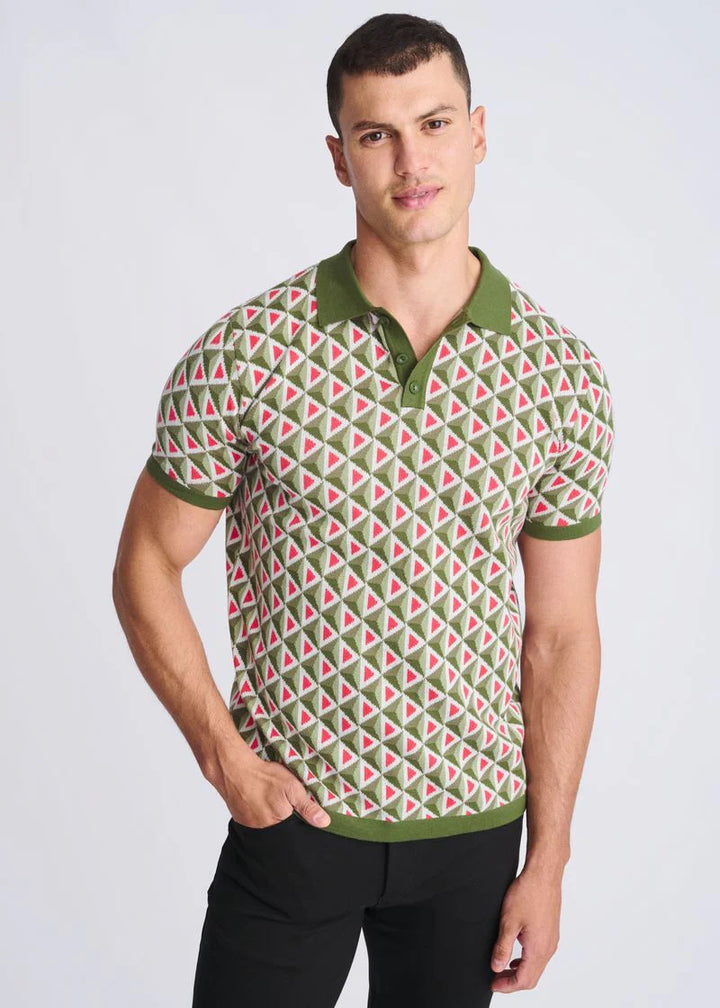 Olive/Weed Triangles Jacquard Cotton 3-Button Knit Polo PM-16327