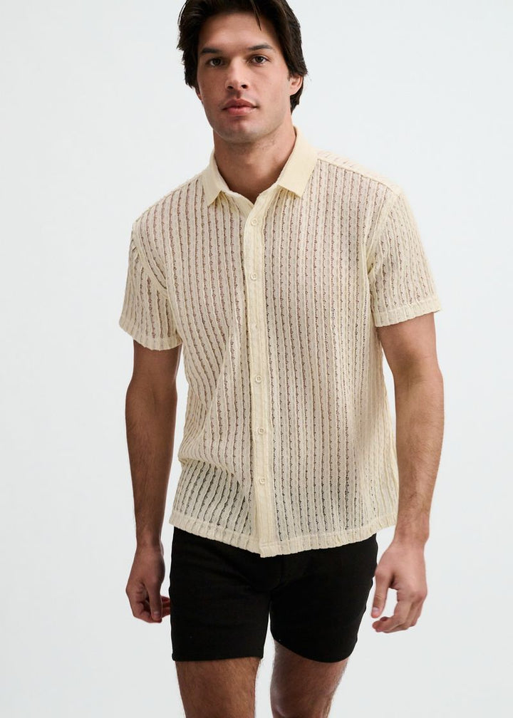 Off White Open Knit Short Sleeve Shirt W/Rib Collar St-24076