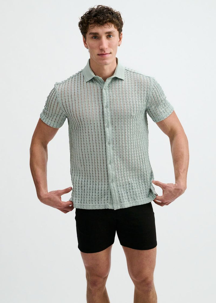 Ocean Open Knit Short Sleeve Shirt W/Rib Collar St-24076