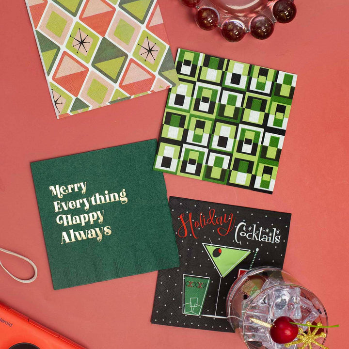 Green Square Mid century Holiday Cocktail Beverage Napkin