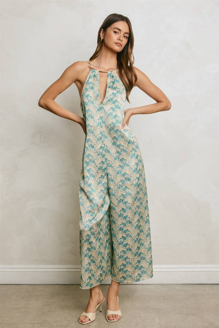 Conversational Metal Trim Keyhole Flared Jumpsuit