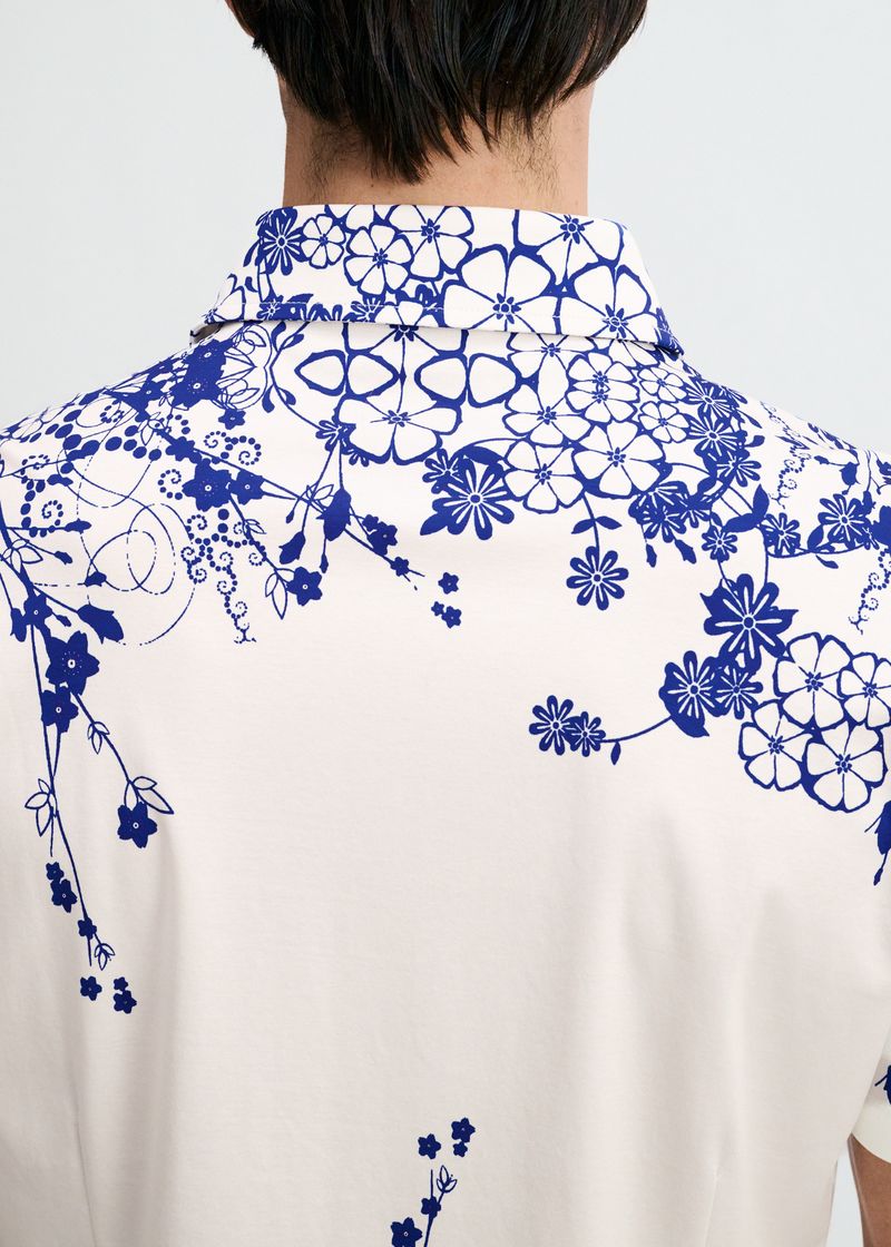 Navy/White Floral Engineered Border Print Cotton Knit Jersey Short Sleeve Shirt St-9351