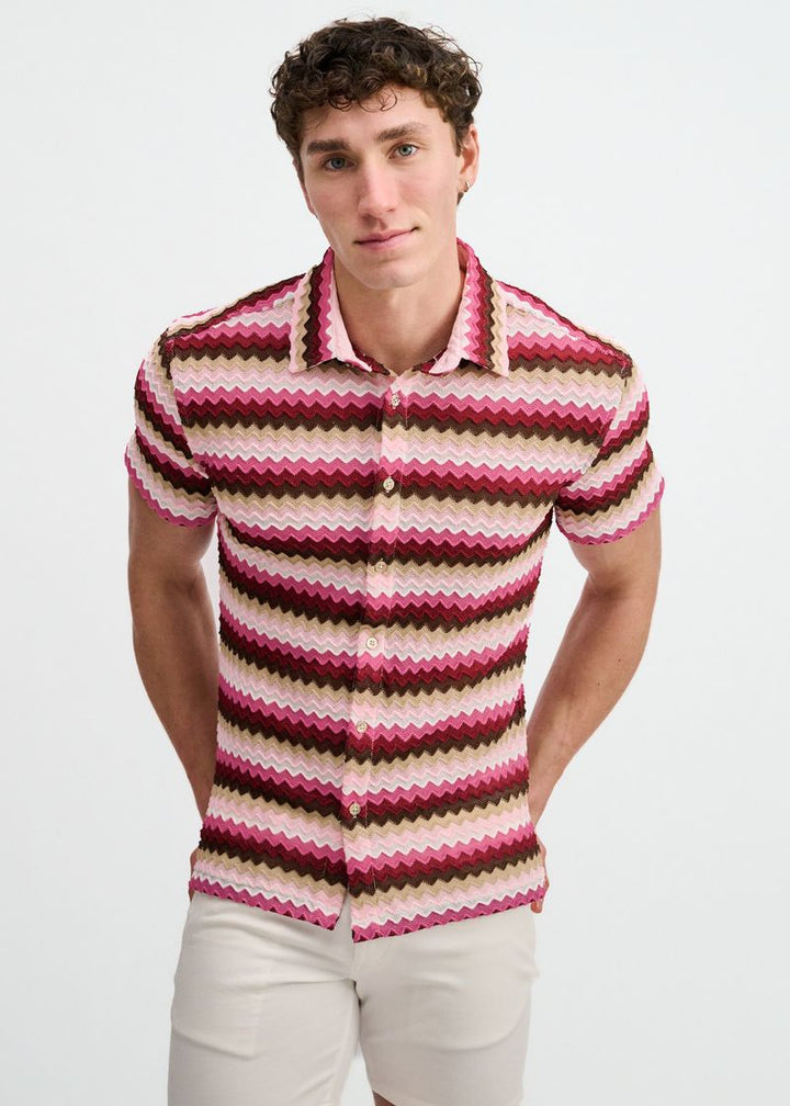 Carmine/Merlot Open Knit Stretch Chevron Short Sleeve Shirt St-24078
