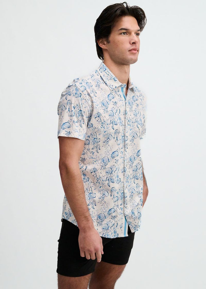 Ocean/Blue Jellyfish Printed Cotton Knit Jersey Short Sleeve Shirt W/Placket Detail St-9360
