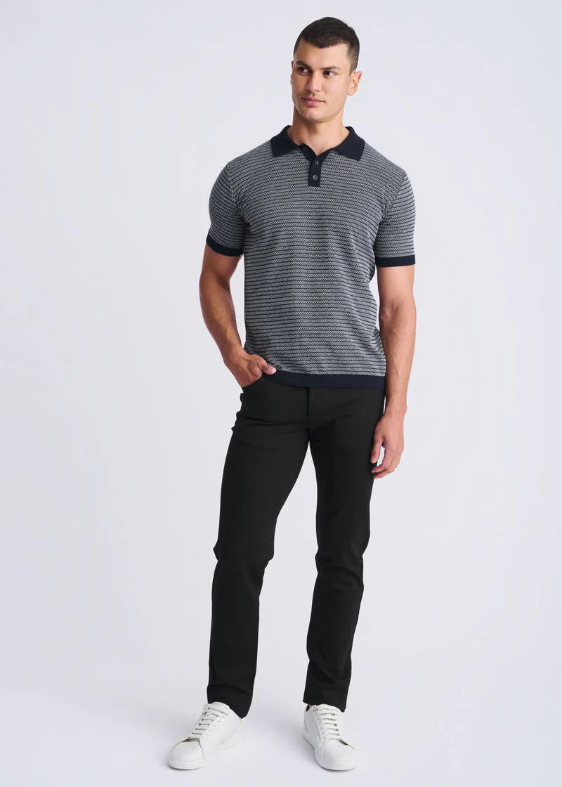 Off White/Navy Two Tone Textured Cotton 3-Button Knit Polo PM-16321