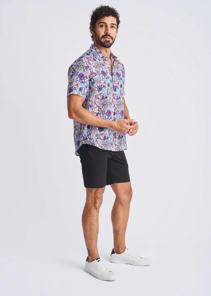 Periwinkle/Violet Floral Printed Lightweight Linen/Tencel Short Sleeve Shirt PM-45040