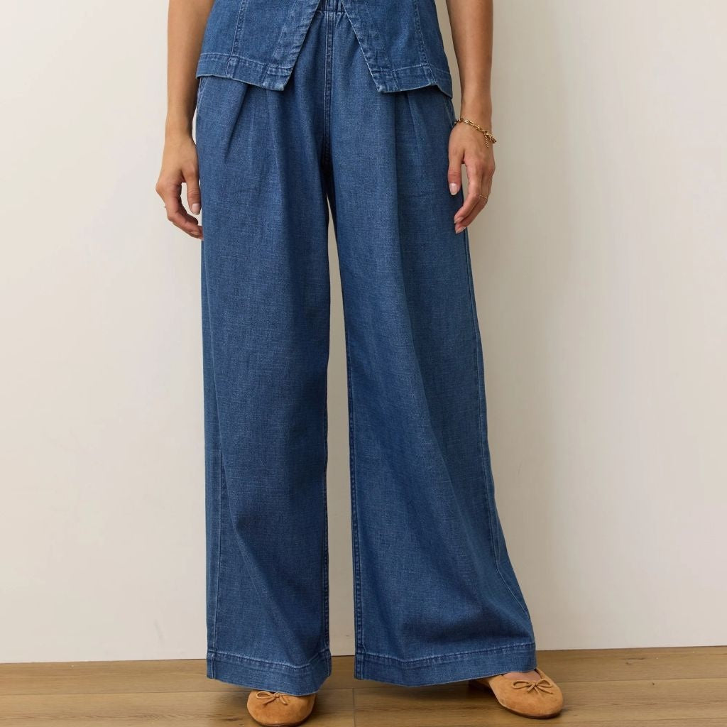 Allison Pleated Wide Leg Denim Trouser Medium Wash