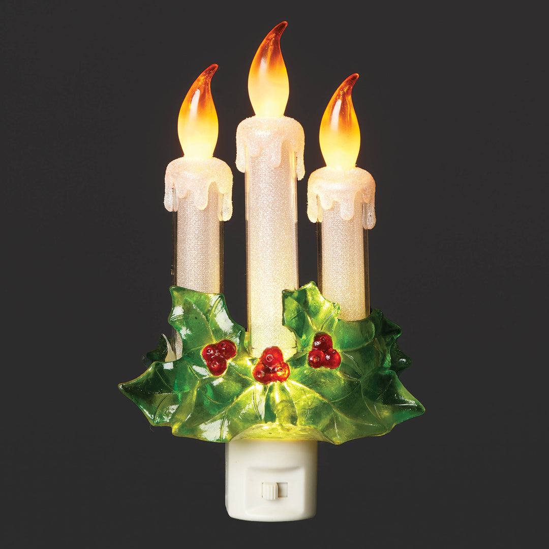 8" Three Candle Holly Night Light with Flicker Glow