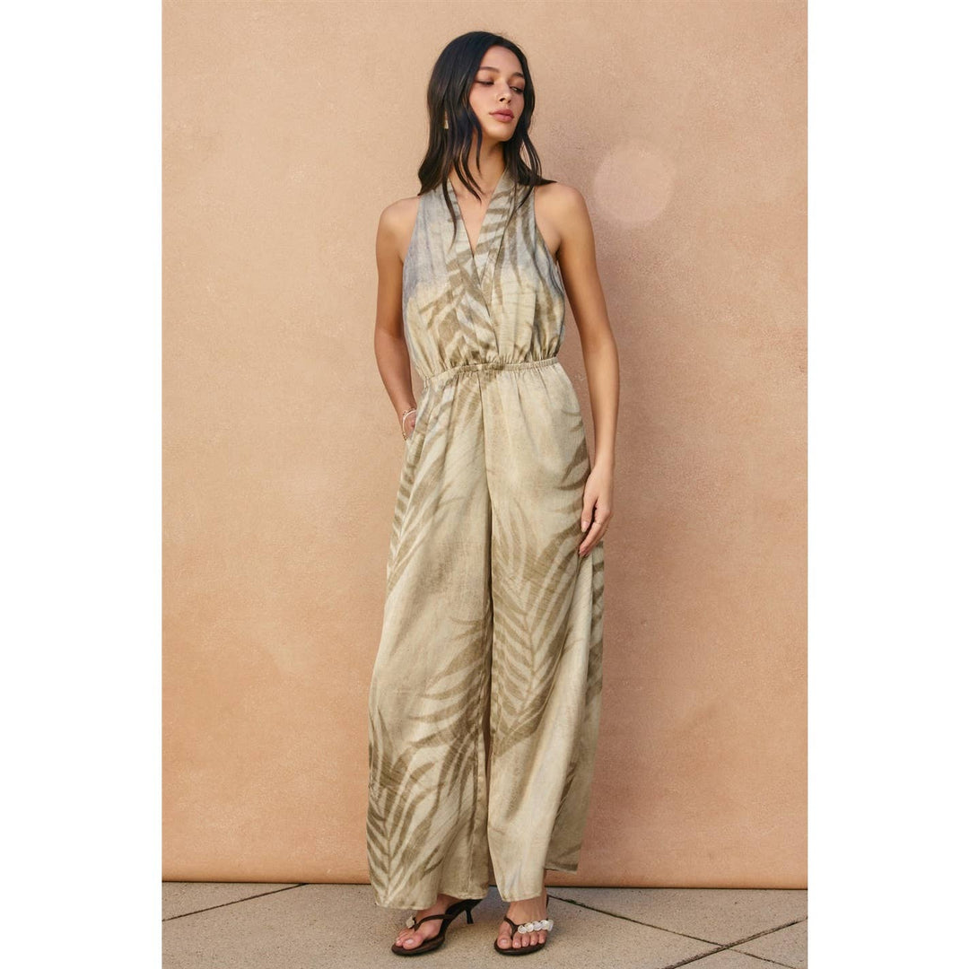 Tropical Leaf Halter Neck Jumpsuit