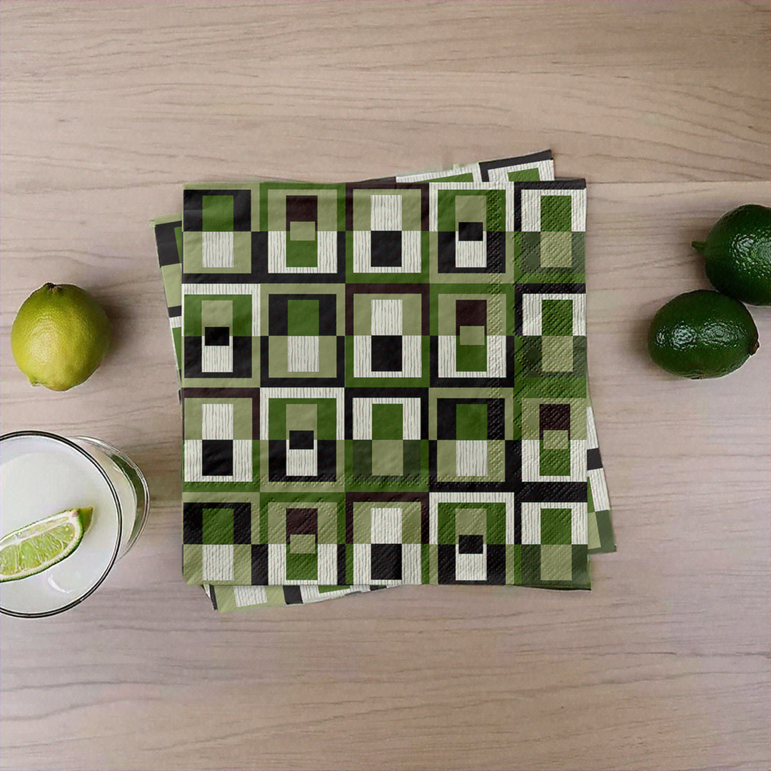 Green Square Mid century Holiday Cocktail Beverage Napkin