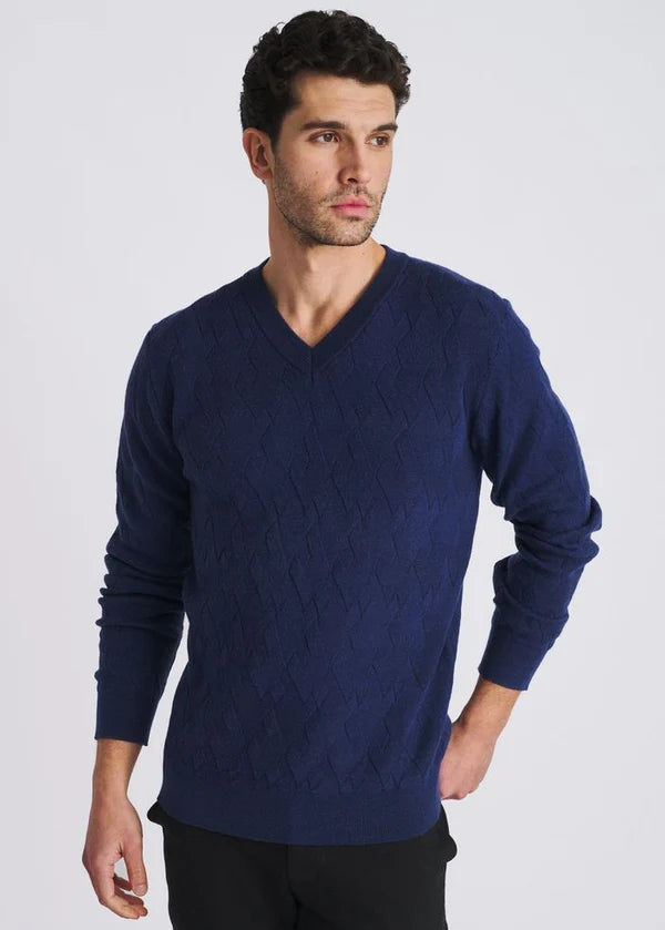 V-Neck Basketweave Wool Blend Knit Sweater