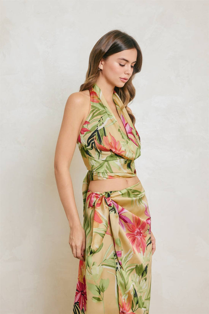 Tropical Floral Open Back Cowl Top