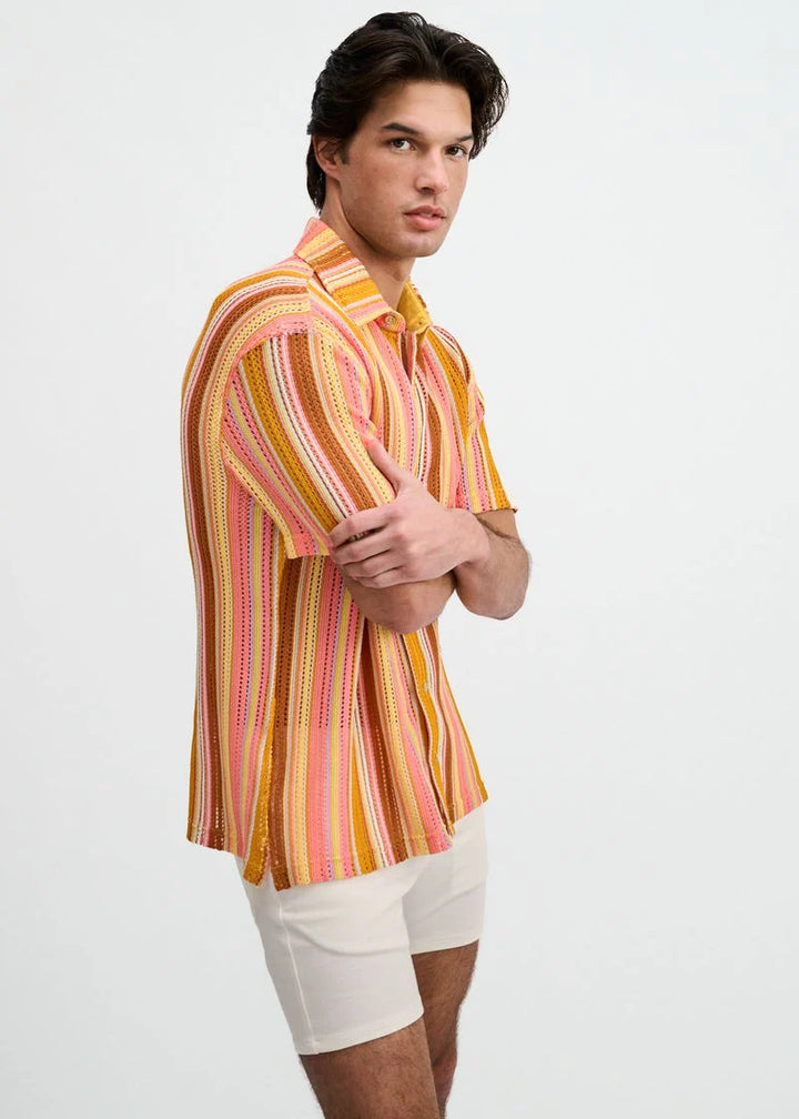 Vertical Stripe Open Knit Stretch Short Sleeve Shirt
