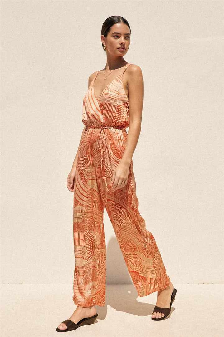 Paisley Cord Strap Surplice Jumpsuit Sunset Red