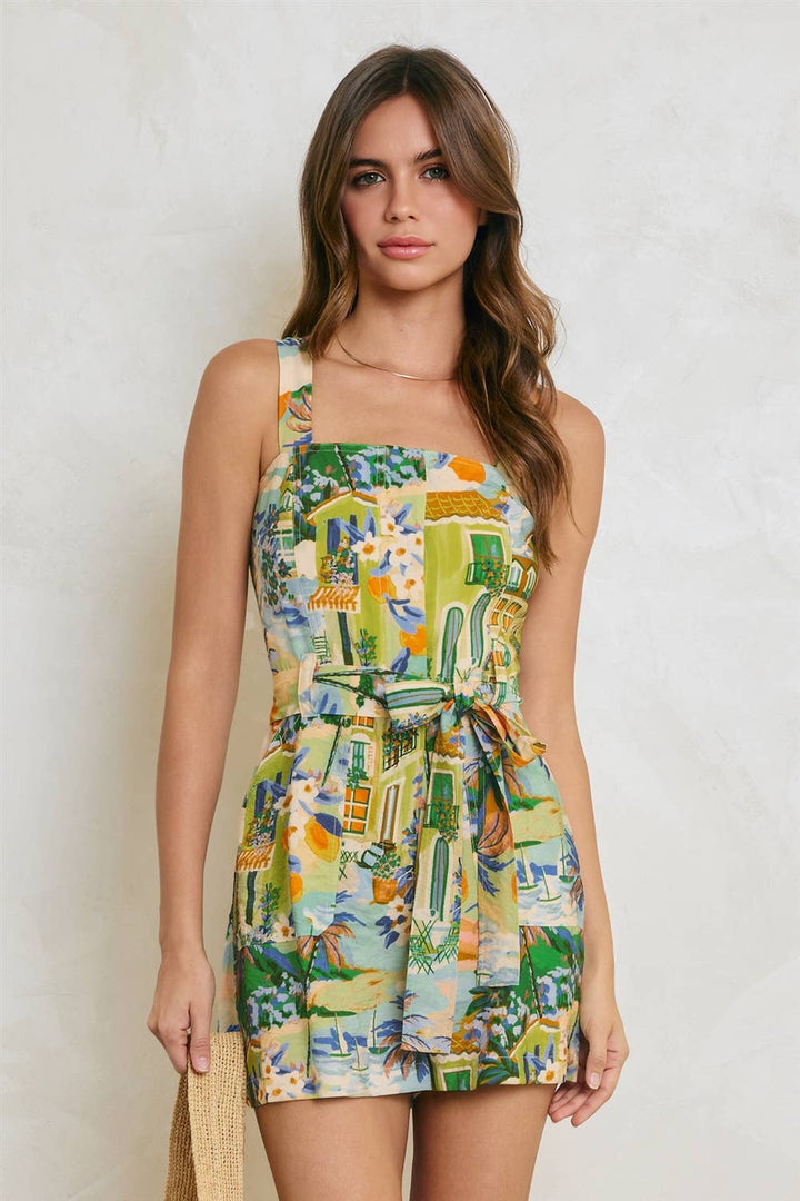 Conversational Straight Neck Button Up Romper Caribbean Blues