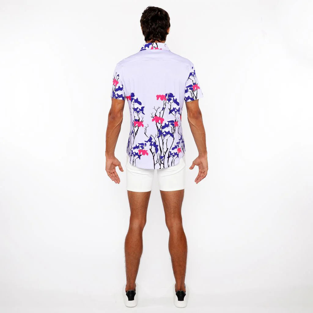 Navy/Lilac Floral Border Print Cotton Jersey Knit Short Sleeve Shirt St-9336
