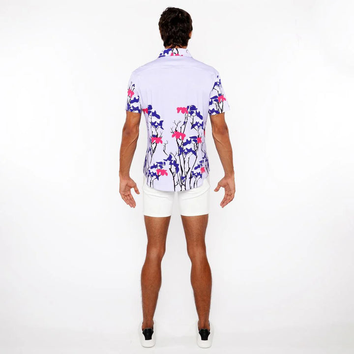 Navy/Lilac Floral Border Print Cotton Jersey Knit Short Sleeve Shirt St-9336