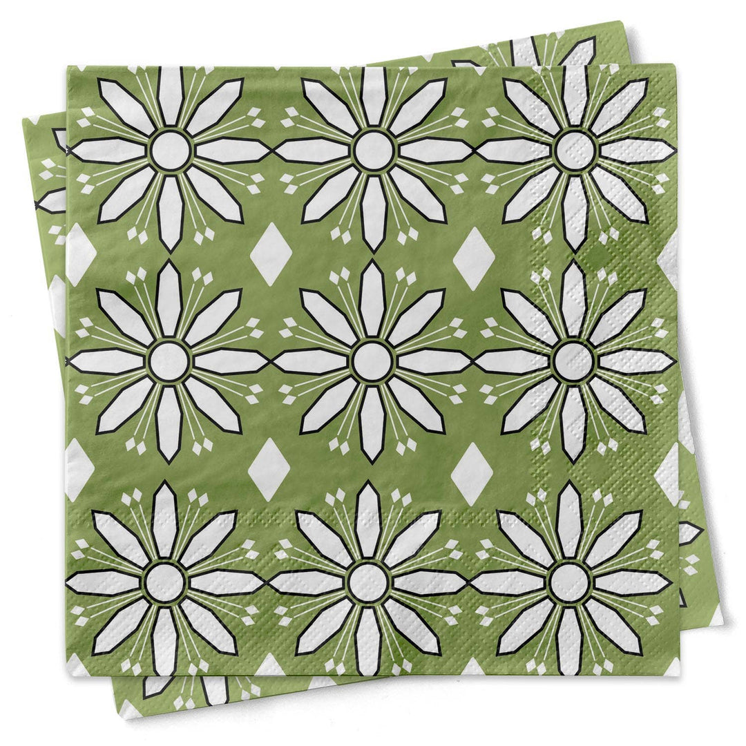 Green and White Mid Century Modern Flower Cocktail Napkin