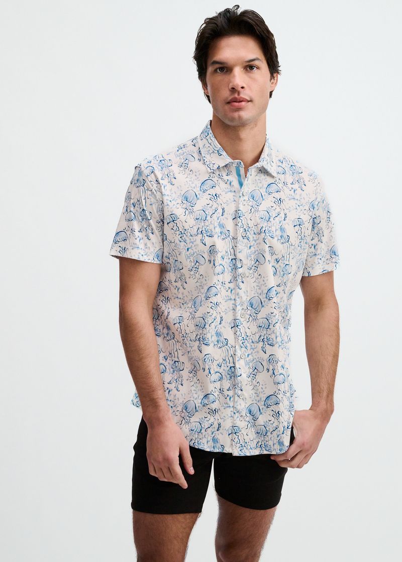Ocean/Blue Jellyfish Printed Cotton Knit Jersey Short Sleeve Shirt W/Placket Detail St-9360