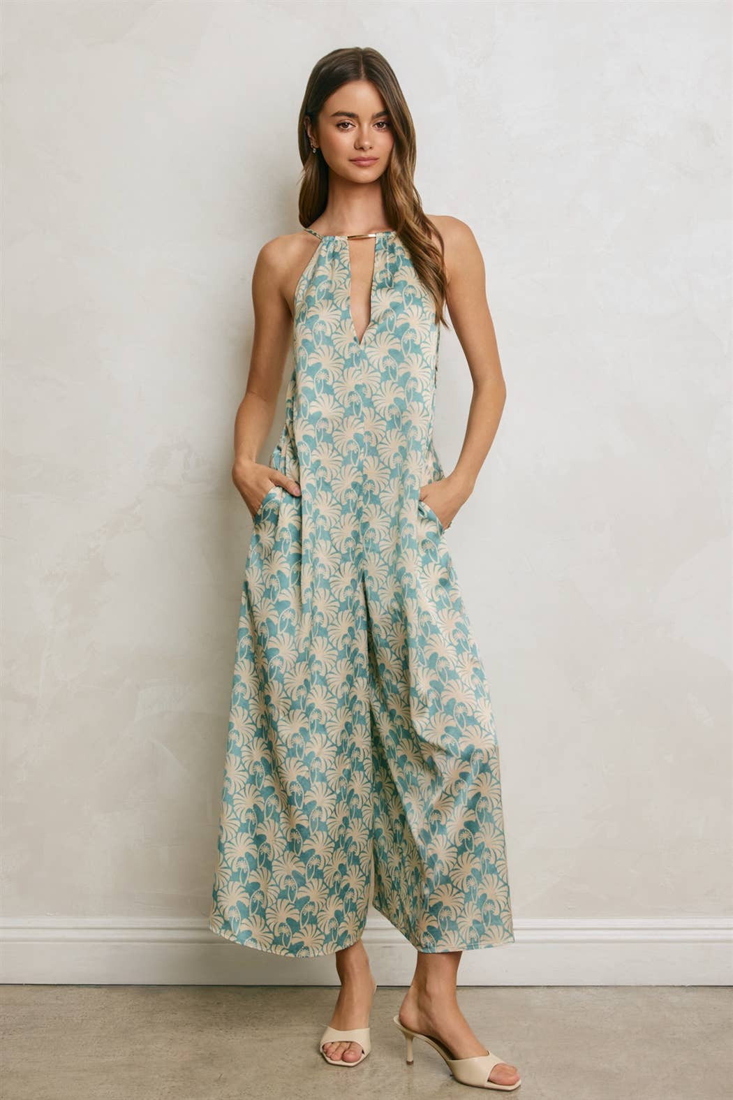 Conversational Metal Trim Keyhole Flared Jumpsuit
