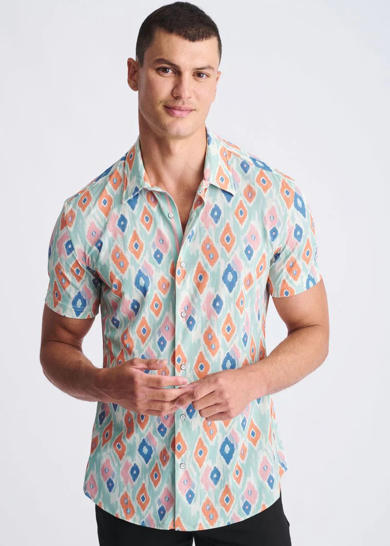 Mint/Coral Diamonds Printed Performance Short Sleeve Shirt W/ Contrast Placket PM-76112
