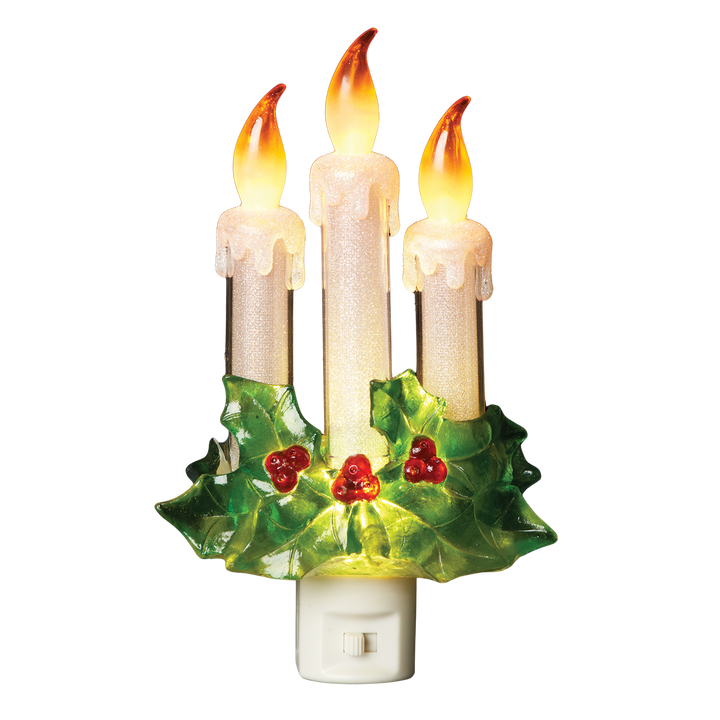 8" Three Candle Holly Night Light with Flicker Glow