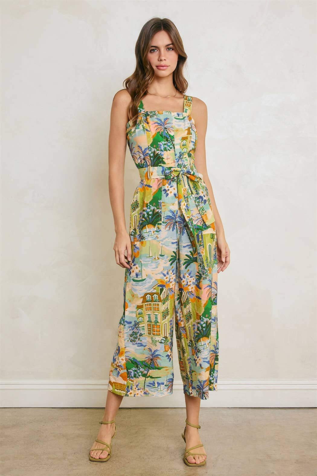 Conversational Straight Neck Cropped Jumpsuit - Caribbean Blues