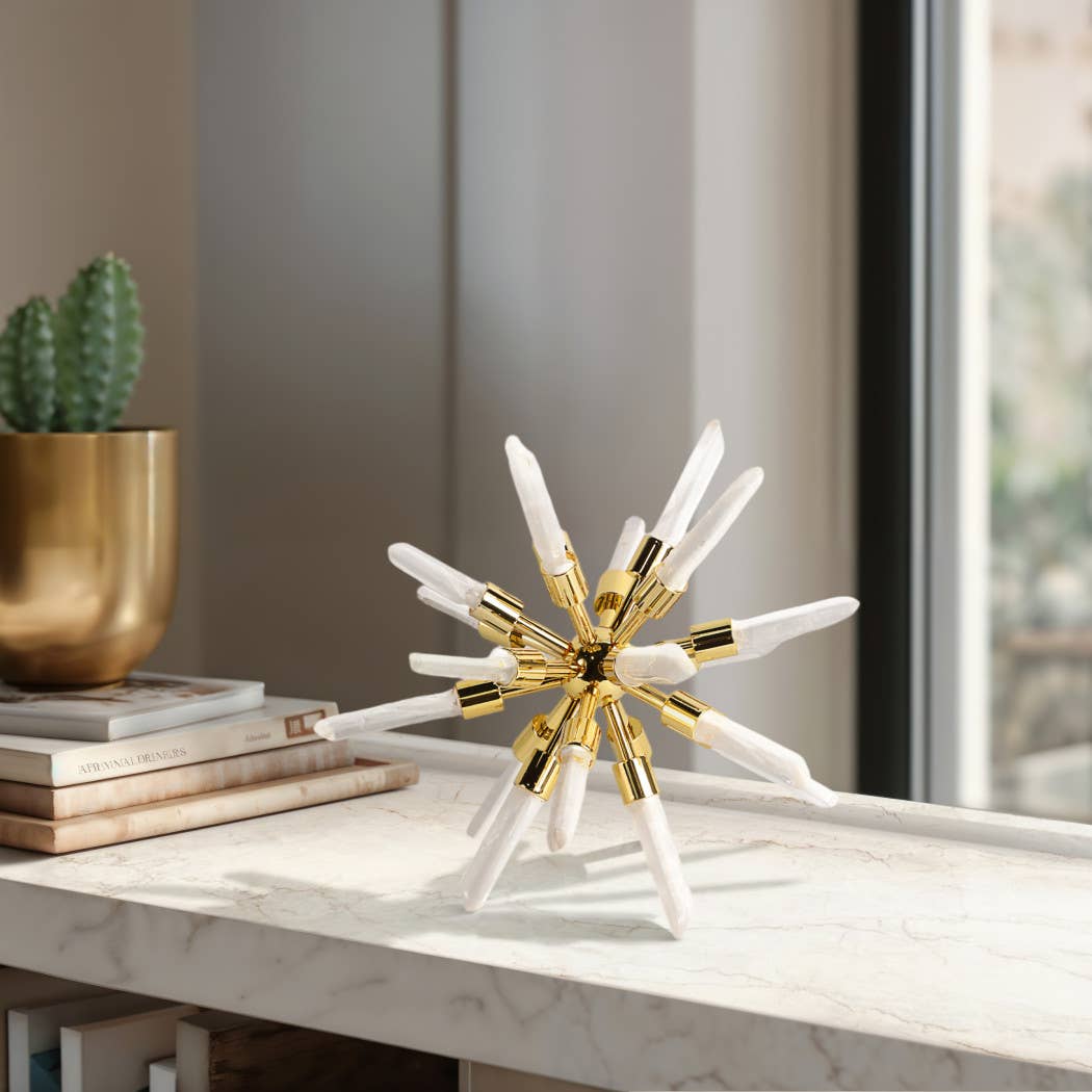 Metal Glass Small Crystal Starburst Statuary - Gold, 8 in.