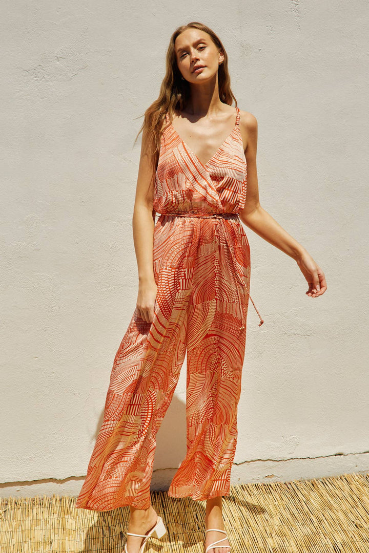 Paisley Cord Strap Surplice Jumpsuit Sunset Red