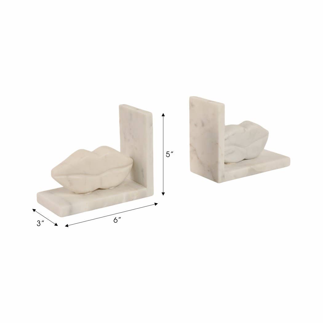 Bookends Set of 2 - White Marble Lips Design, 5 in.