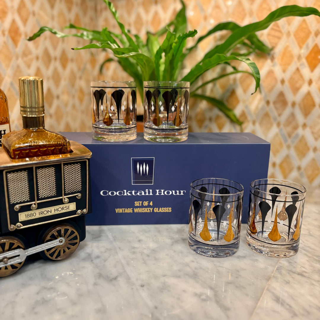 Cocktail Hour Set of 4 Black & Gold Vintage Whiskey Glasses