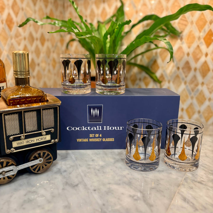 Cocktail Hour Set of 4 Black & Gold Vintage Whiskey Glasses
