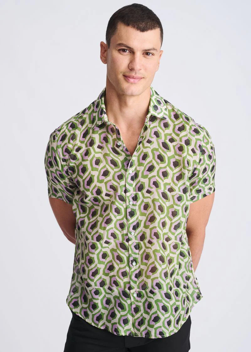 Lilac/Sprout Abstract Printed Lightweight Cotton/Silk Short Sleeve Shirt PM-46042