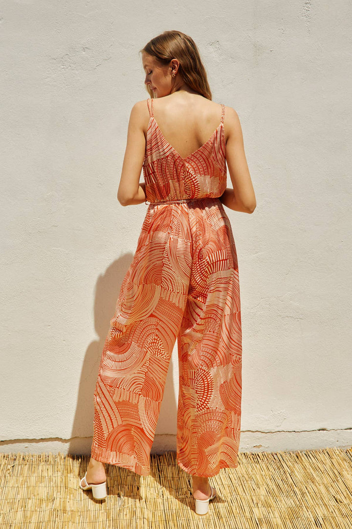Paisley Cord Strap Surplice Jumpsuit Sunset Red