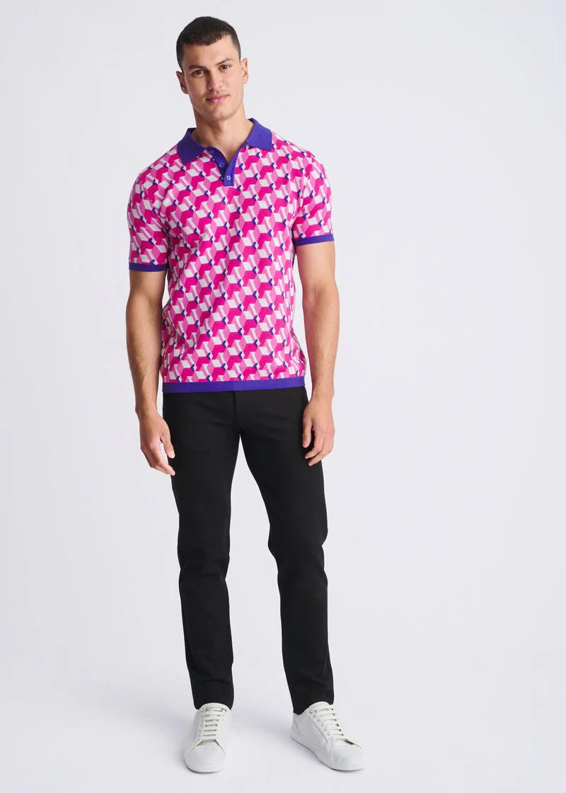 Blush/Pink 3D Cubes Jacquard Cotton 3-Button Knit Polo PM-16325