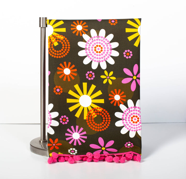 Groovy Floral Retro Kitchen Tea Towel with trim
