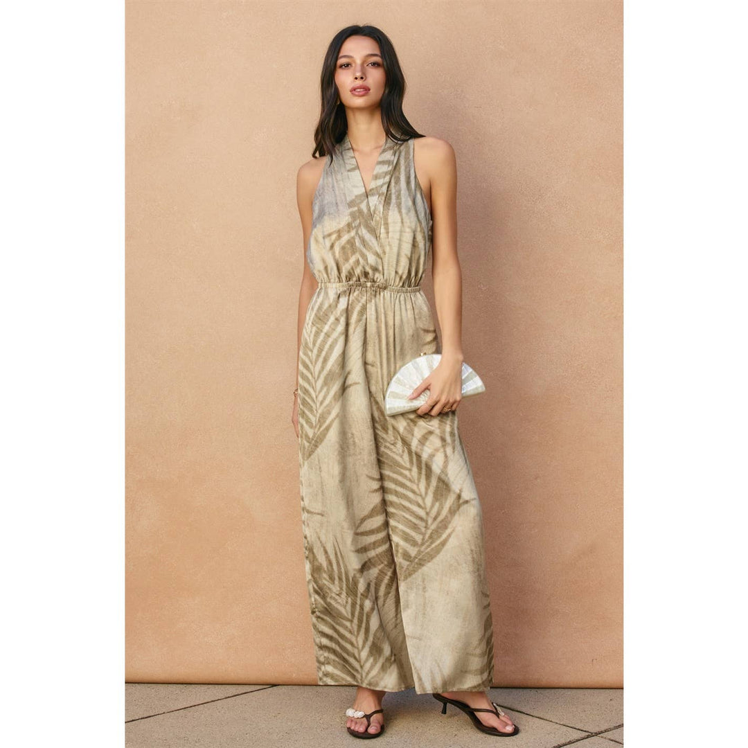 Tropical Leaf Halter Neck Jumpsuit
