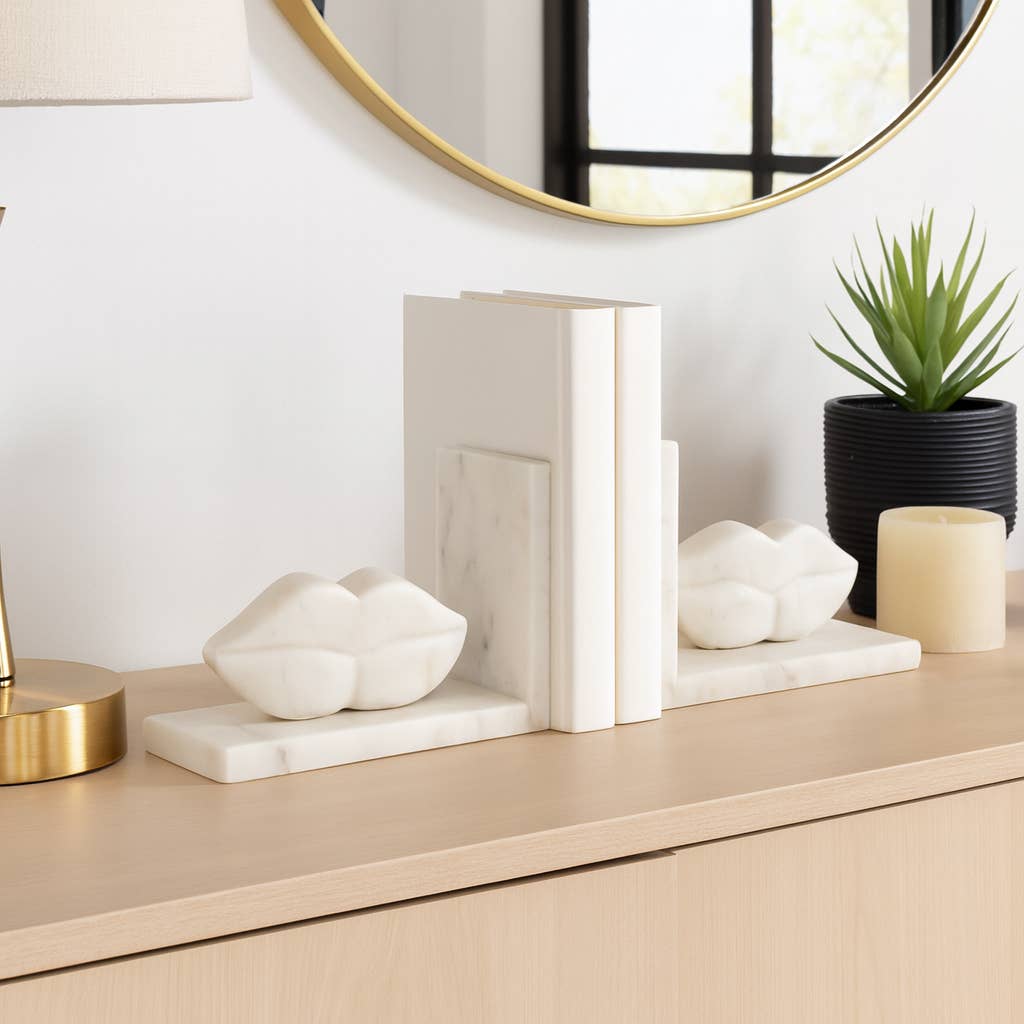 Bookends Set of 2 - White Marble Lips Design, 5 in.