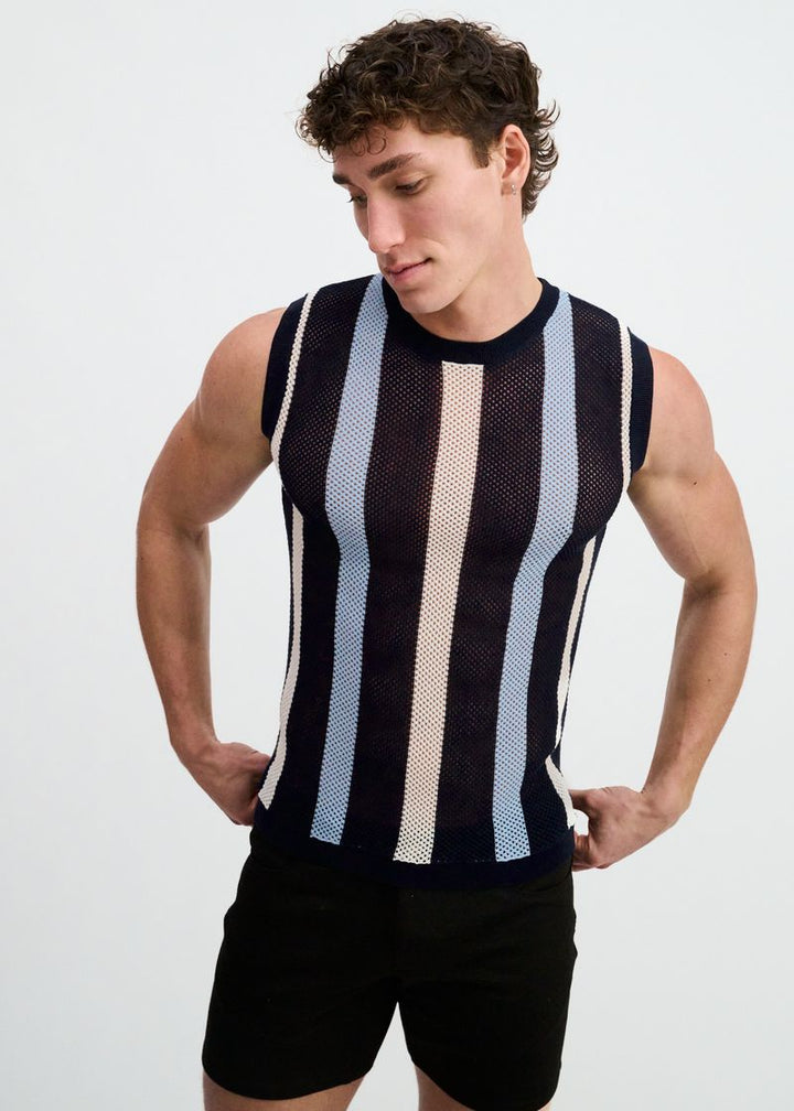 Navy Textured Stripe Open Knit Vest St-24311