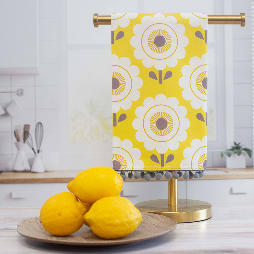 Yellow Sunshine Flower Vintage Tea Towel with Trim