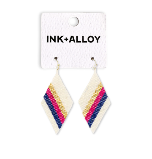 Frida Diagonal Uniform Stripe Beaded Earrings Navy Hot Pink