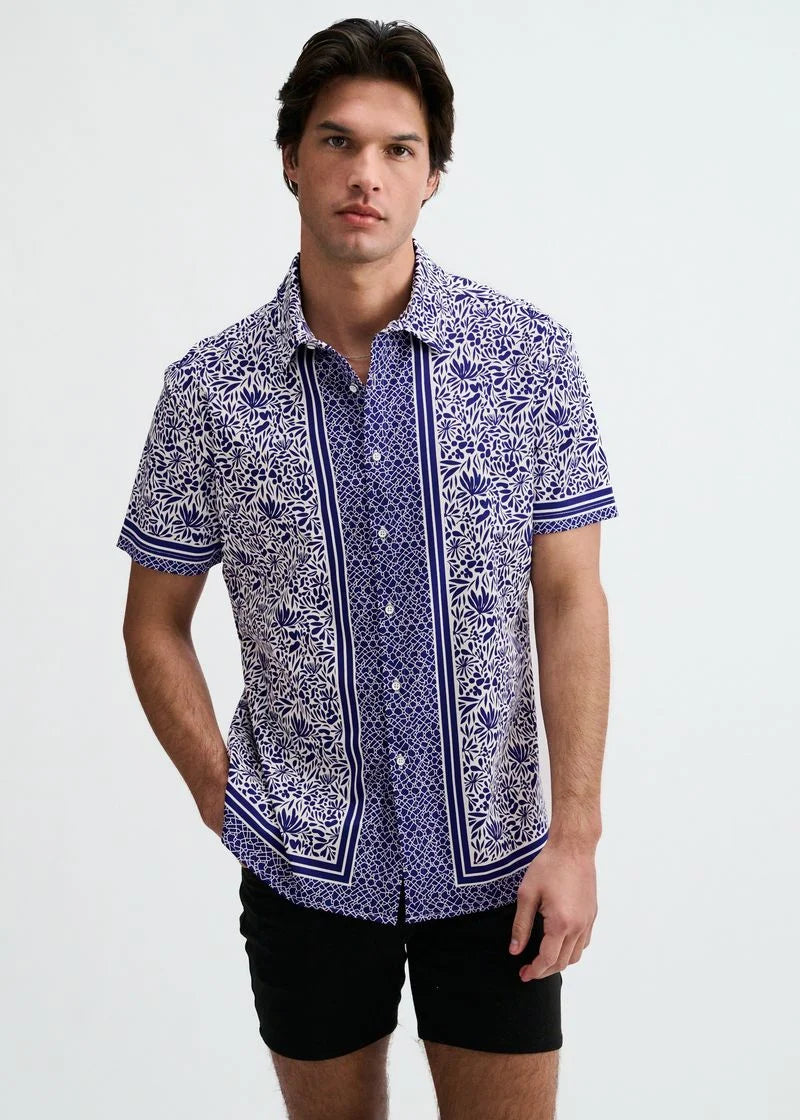Navy/White Edge Print Cotton Knit Jersey Short Sleeve Shirt