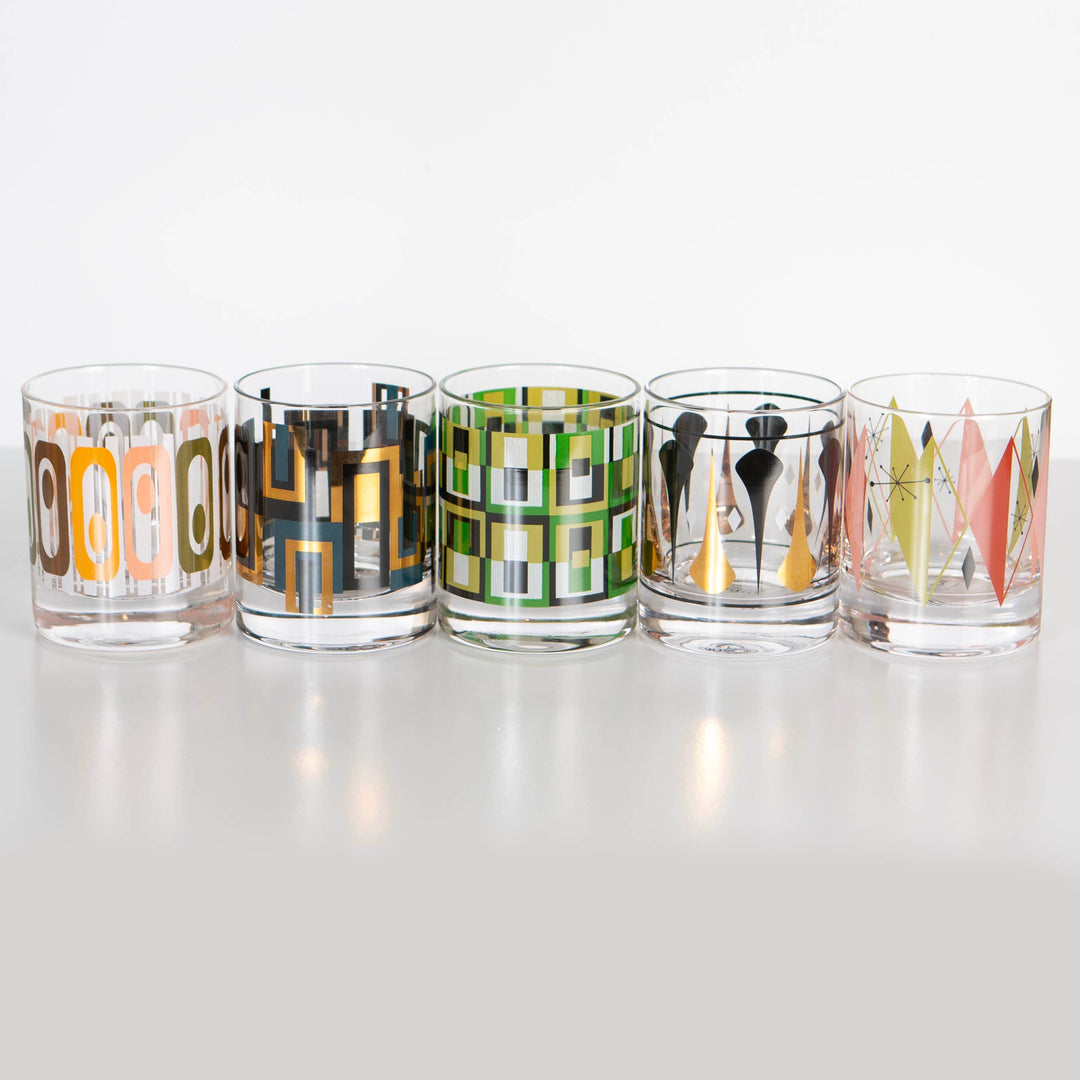 Blue & Gold Mid Century Vintage Whiskey Rocks Cocktail Glass