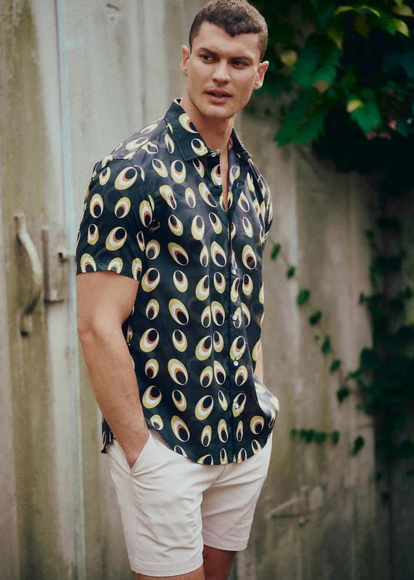 Army/Amber Discs Printed Lightweight Cotton/Tencel Short Sleeve Shirt PM-47052