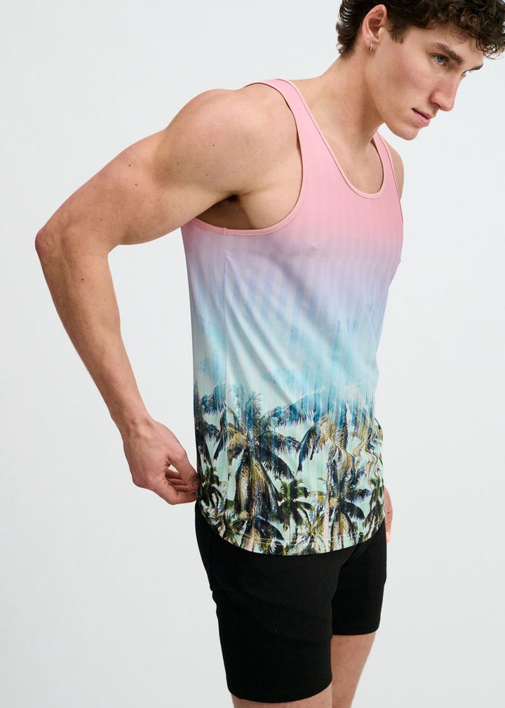Blush/Aqua Palms Printed Stretch Mesh Tank St-11148