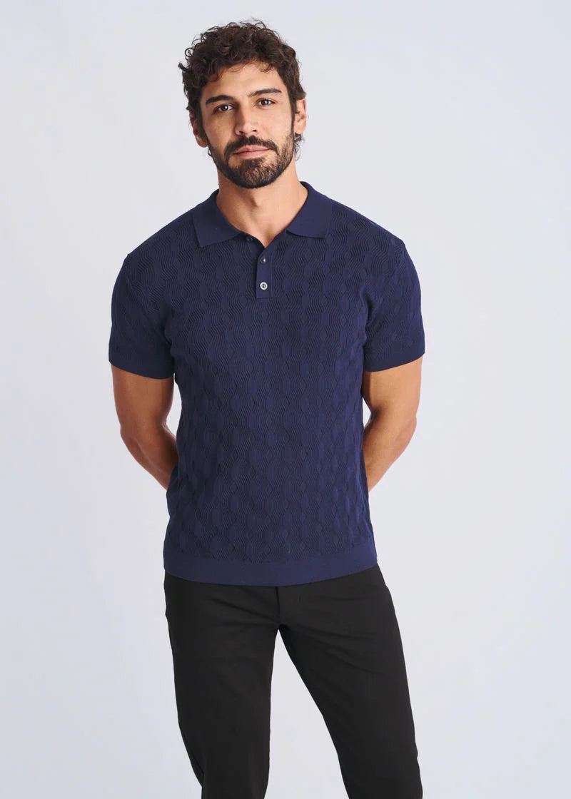Navy Textured Silk/Tencel 3-Button Knit Polo PM-16319