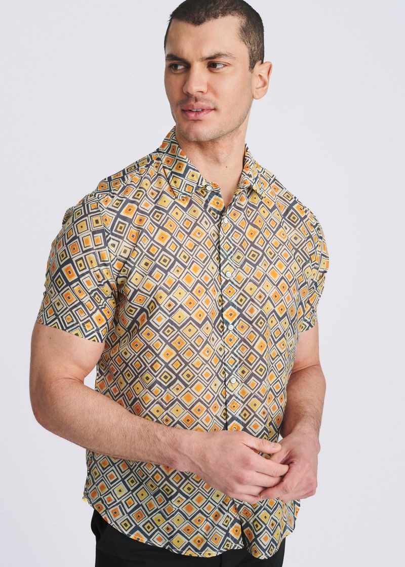 Lightweight Cotton/Silk Short Sleeve Shirt Gold/Navy Diamonds