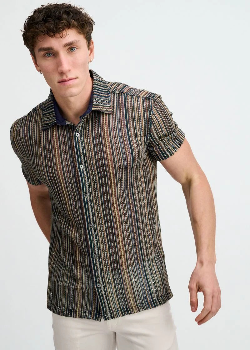 Vertical Stripe Open Knit Stretch Short Sleeve Shirt