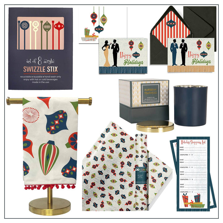 Retro Ornaments Tea Towel with Trim